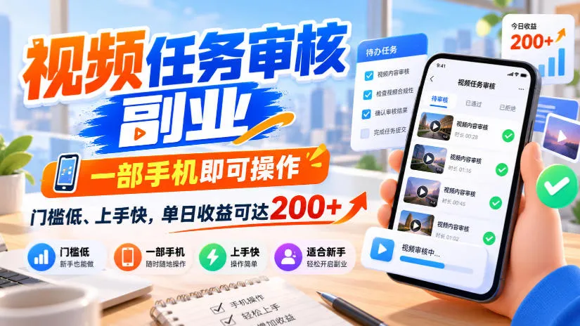 视频任务审核副业,一部手机即可操作,门槛低、上手快,单日收益可达200+【揭秘】-33资源网