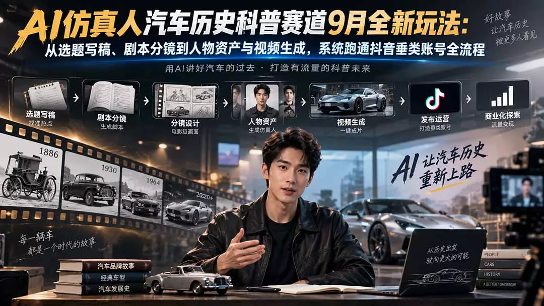 AI仿真人汽车历史科普赛道9月全新玩法:从选题写稿、剧本分镜到人物资产与视频生成,系统跑通抖音垂类账号全流程-33资源网