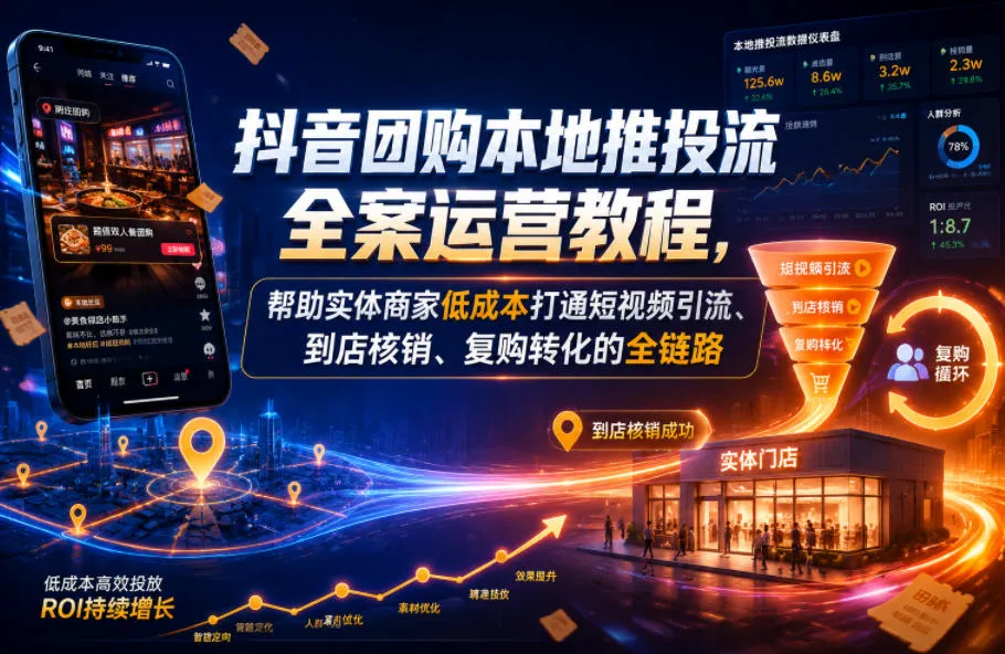 抖音团购本地推投流全案运营教程,帮助实体商家低成本打通短视频引流、到店核销、复购转化的全链路-33资源网