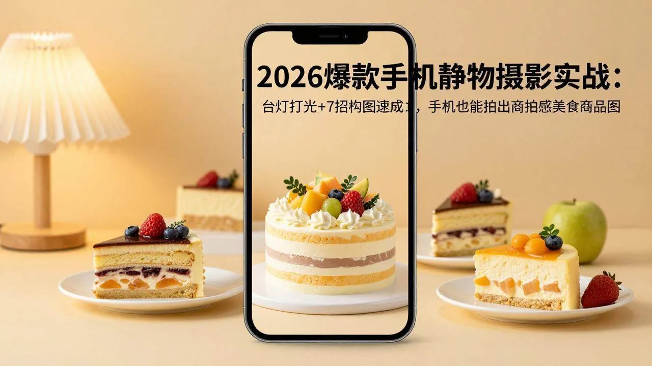 （17960期）2026爆款手机静物摄影实战：台灯打光+7招构图速成，手机也能拍出商拍感美食商品图-33资源网