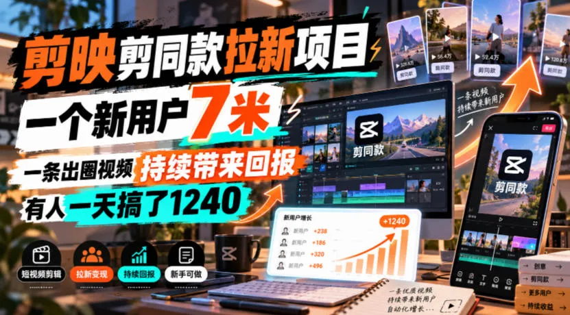 剪映剪同款拉新项目,一个新用户7米,一条出圈视频持续带来回报,有人一天搞了1240-33资源网
