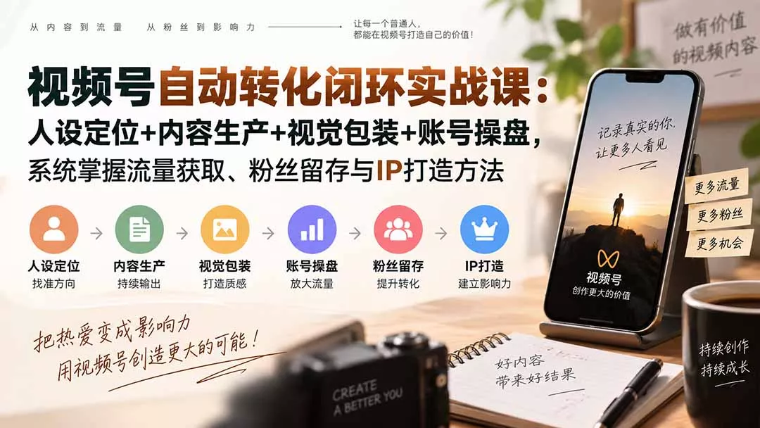 视频号自动转化闭环实战课：人设定位+内容生产+视觉包装+账号操盘，系统掌握流量获取、粉丝留存与IP打造方法-33资源网