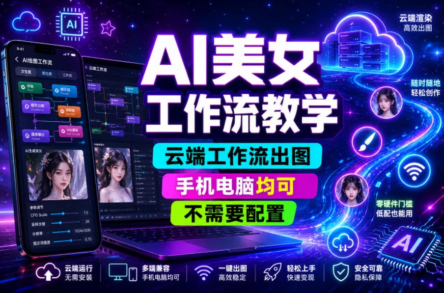 AI美女工作流教学,云端工作流出图,手机电脑均可,不需要配置,快速起号涨粉-33资源网