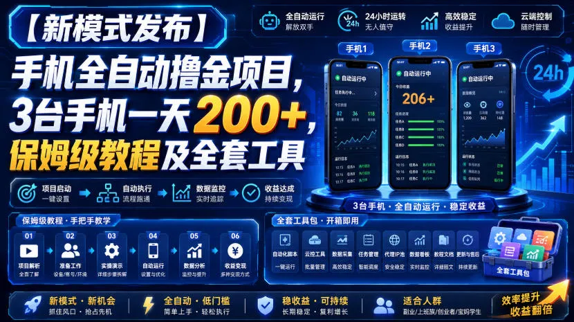 【新模式发布】手机全自动撸金项目,3台手机一天200+,保姆级教程及全套工具【揭秘】-33资源网