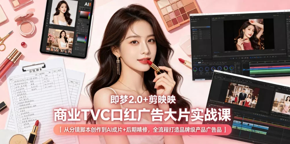 即梦2.0+剪映商业TVC口红广告大片实战课｜从分镜脚本创作到AI成片+后期精修，全流程打造品牌级产品广告-33资源网