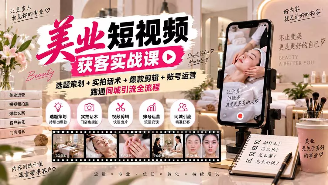美业短视频获客实战课-无水印：选题策划+实拍话术+爆款剪辑+账号运营，跑通同城引流全流程-33资源网