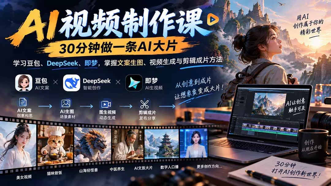 AI视频制作课-30分钟做一条AI大片：学习豆包、DeepSeek、即梦，掌握文案生图、视频生成与剪辑成片方法-33资源网