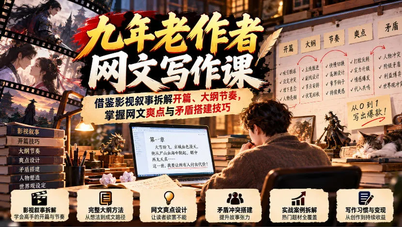 九年老作者网文写作课:借鉴影视叙事拆解开篇、大纲节奏,掌握网文爽点与矛盾搭建技巧-33资源网