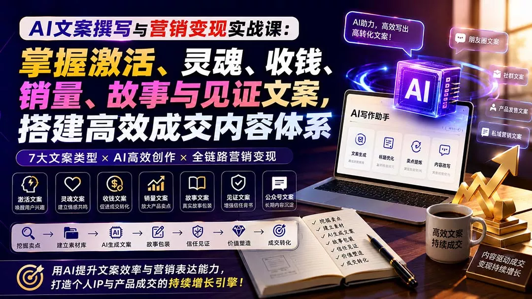 AI文案撰写与营销变现实战课：掌握激活、灵魂、收钱、销量、故事与见证文案，搭建高效成交内容体系-33资源网