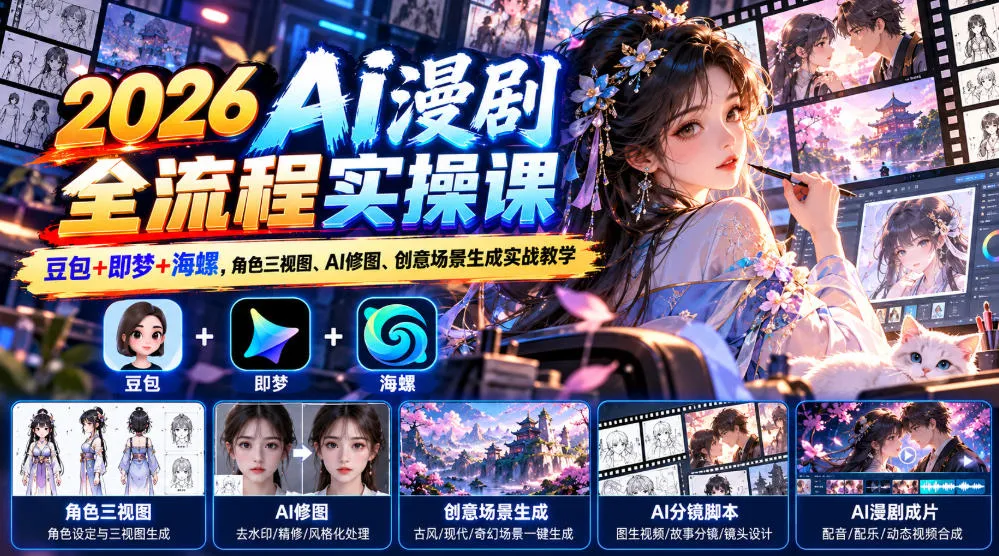 【无水印】2026 AI漫剧全流程实操课|豆包+即梦+海螺,角色三视图、AI修图、创意场景生成实战教学-33资源网