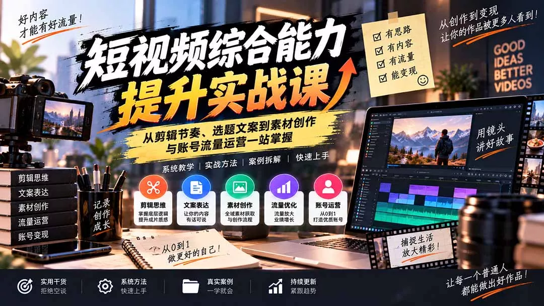 短视频综合能力提升实战课:从剪辑节奏、选题文案到素材创作与账号流量运营一站掌握-33资源网