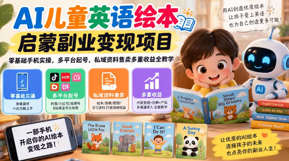 AI儿童英语绘本启蒙副业变现项目,零基础手机实操,多平台起号,私域资料售卖多重收益全教学-33资源网