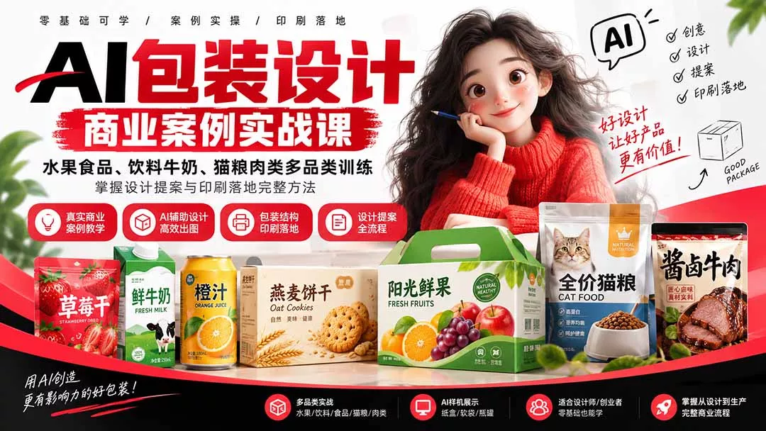 AI包装设计商业案例实战课：水果食品、饮料牛奶、猫粮肉类多品类训练，掌握设计提案与印刷落地完整方法-33资源网