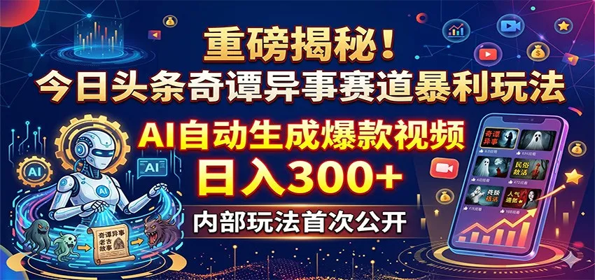 重磅揭秘！今日头条奇谭异事赛道暴利玩法：AI自动生成爆款视频，日入300+-33资源网