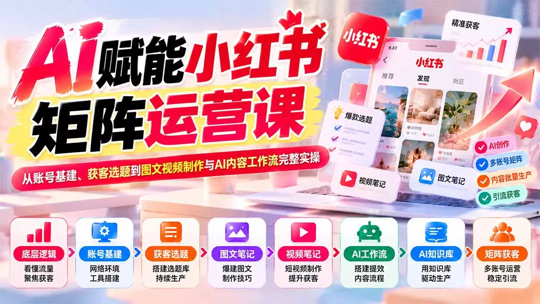 AI赋能小红书矩阵运营课：从账号基建、获客选题到图文视频制作与AI内容工作流完整实操-33资源网