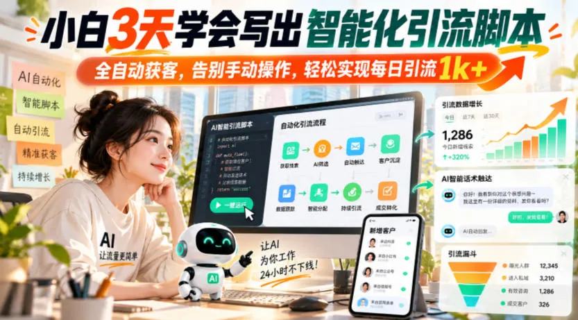 小白3天学会写出智能化引流脚本,全自动获客,告别手动操作,轻松实现每日引流1k+ 小白3天学会写出智能化引流脚本,全自动获客,告别手动操作,轻松实现每日引流1k+