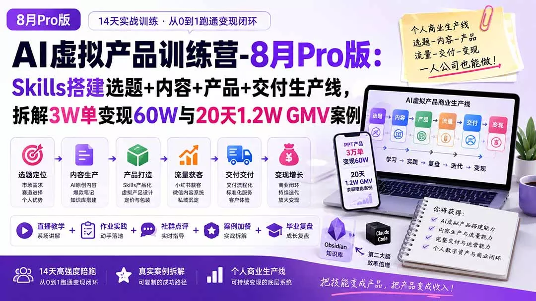 AI虚拟产品训练营PRO版-9月完结:Skills搭建选题+内容+产品+交付生产线,拆解3W单变现60W与20天1.2W GMV案例 AI虚拟产品训练营PRO版-9月完结:Skills搭建选题+内容+产品+交付生产线,拆解3W单变现60W与20天1.2W GMV案例