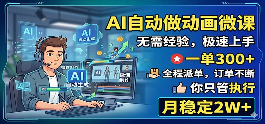 AI自动做动画微课，一单300+，全程派单，你只管执行，月稳定2W+-33资源网