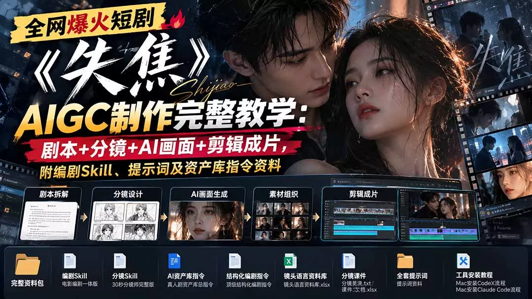 全网爆火短剧《失焦》AIGC制作完整教学:剧本+分镜+AI画面+剪辑成片,附编剧Skill、提示词及资产库指令资料-33资源网