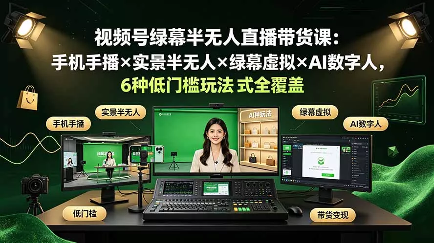 视频号绿幕半无人直播带货课：手机手播×实景半无人×绿幕虚拟×AI数字人，6种低门槛玩法全覆盖-33资源网
