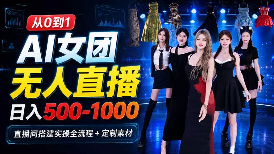 AI 女团无人直播，躺入500-1000每天，直播间搭建实操全流程+定制素材-33资源网