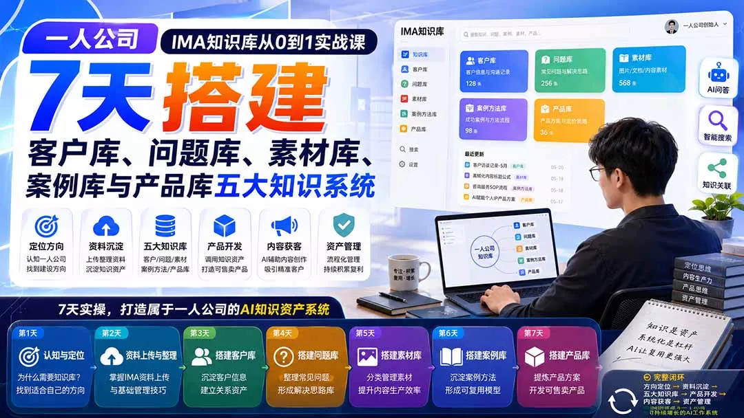 一人公司IMA知识库从0到1实战课:7天搭建客户库、问题库、素材库、案例库与产品库五大知识系统 一人公司IMA知识库从0到1实战课:7天搭建客户库、问题库、素材库、案例库与产品库五大知识系统