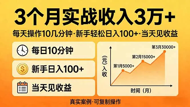 3个月实战收入3万+，每天操作10几分钟，新手轻松日入100+，当天见收益-33资源网