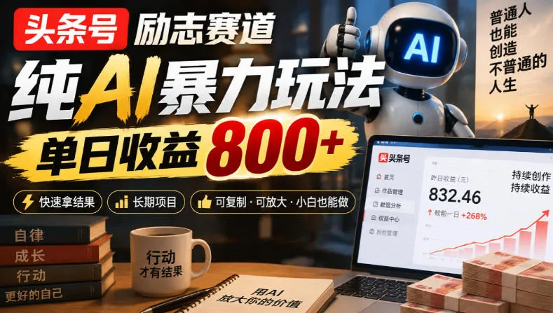 头条号励志赛道,纯AI暴力玩法,单日收益800+,快速拿结果,长期项目-33资源网