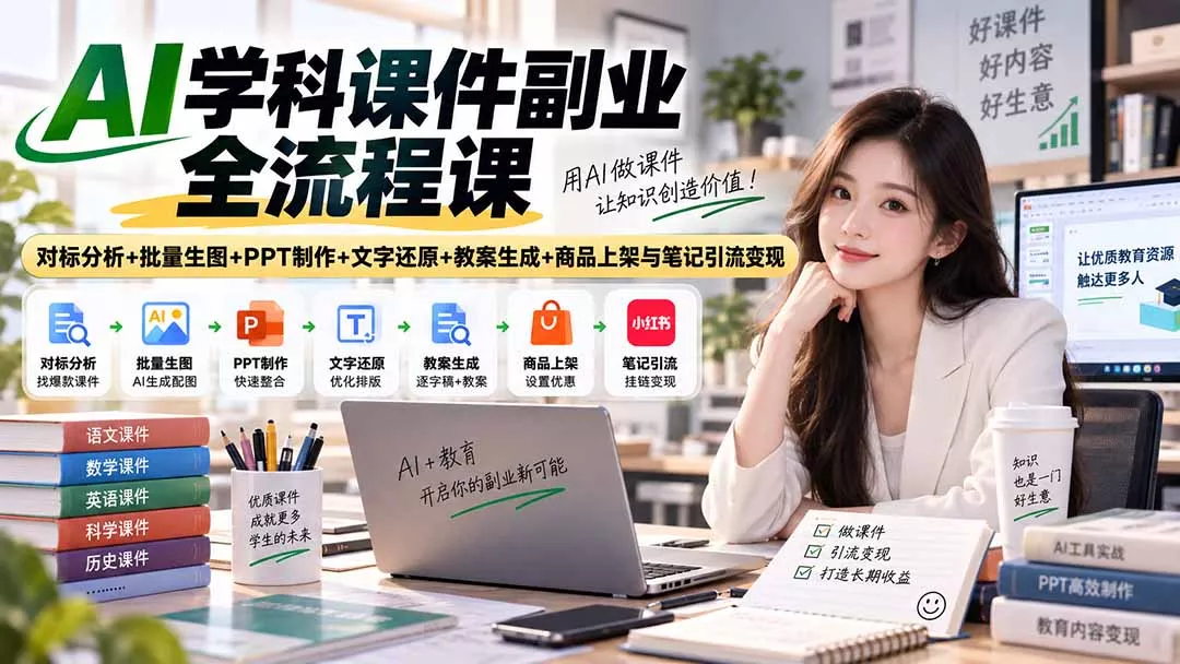 AI学科课件副业全流程课｜对标分析+批量生图+PPT制作+文字还原+教案生成+商品上架与笔记引流变现-33资源网