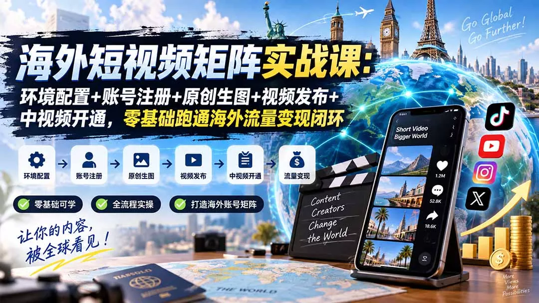 海外短视频矩阵实战课:环境配置+账号注册+原创生图+视频发布+中视频开通,零基础跑通海外流量变现闭环-33资源网
