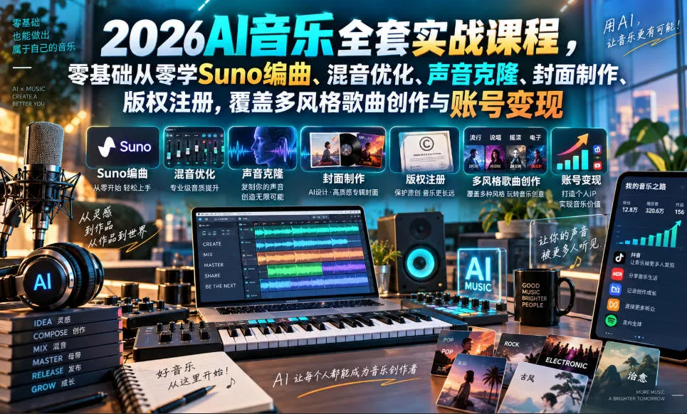 2026AI音乐实战课程,零基础从零学Suno编曲、混音优化、声音克隆、版权注册,覆盖多风格歌曲创作与账号变现-33资源网