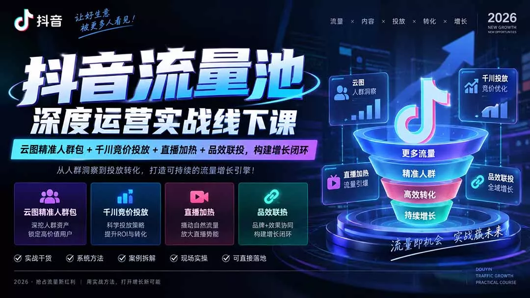 抖音流量池深度运营实战线下课｜云图精准人群包+千川竞价投放+直播加热+品效联投，构建增长闭环-33资源网
