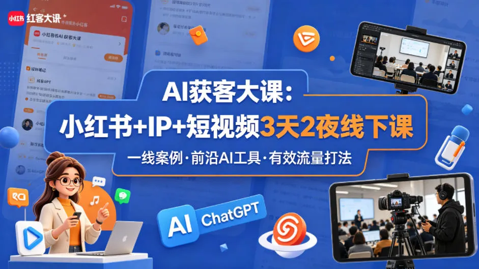 AI获客大课小红书+IP+短视频3天2夜线下课，用最真实的一线案例，最前沿的AI工具，最有效的流量打法