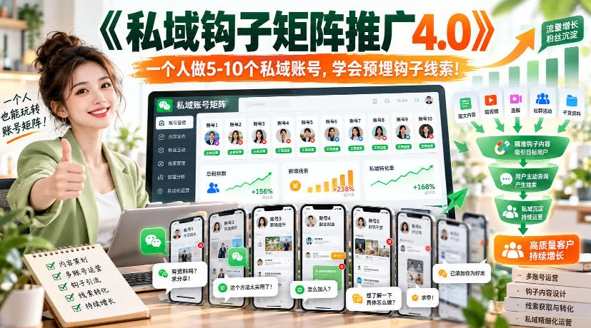 【无水印】《私域钩子矩阵推广4.0》一个人做5-10个私域账号，学会预埋钩子线索！-33资源网