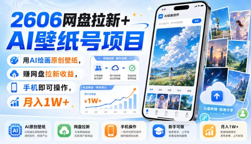 2606网盘拉新+AI壁纸号项目,用AI绘画原创壁纸,賺网盘拉新收益,手机即可操作,月入1W+-33资源网