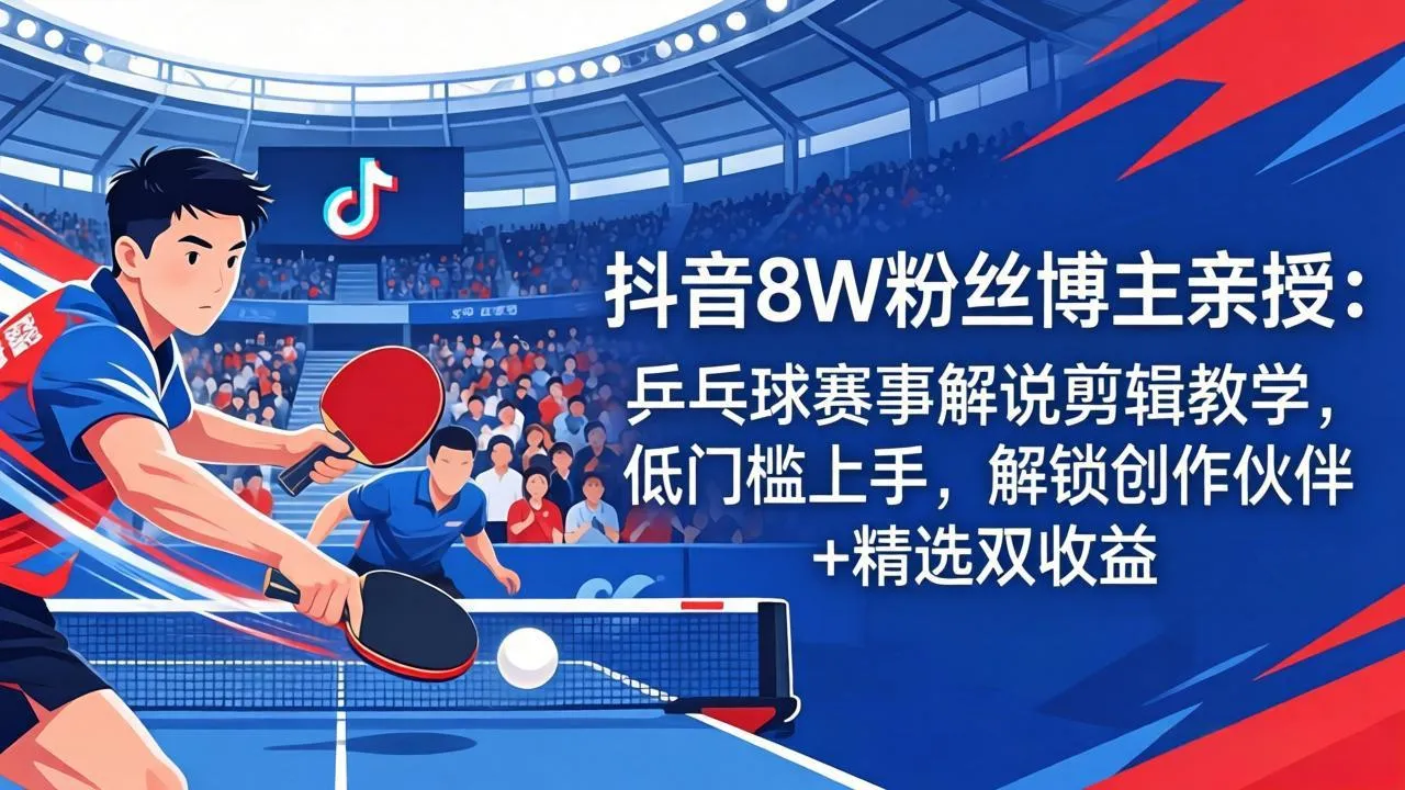 抖音8W粉丝博主亲授：乒乓球赛事解说剪辑教学，低门槛上手，解锁创作伙伴+精选双收益-33资源网