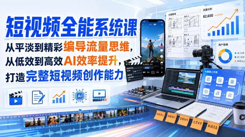 短视频全能系统课,从平淡到精彩编导流量思维,从低效到高效AI效率提升,打造完整短视频创作能力(2026年8月30更新233集)-33资源网