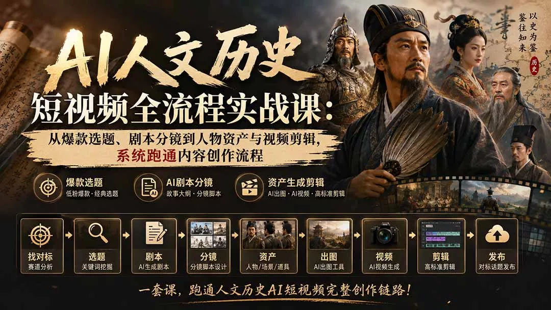 AI人文历史短视频全流程实战课-更新:从爆款选题、剧本分镜到人物资产与视频剪辑,系统跑通内容创作流程 AI人文历史短视频全流程实战课-更新:从爆款选题、剧本分镜到人物资产与视频剪辑,系统跑通内容创作流程