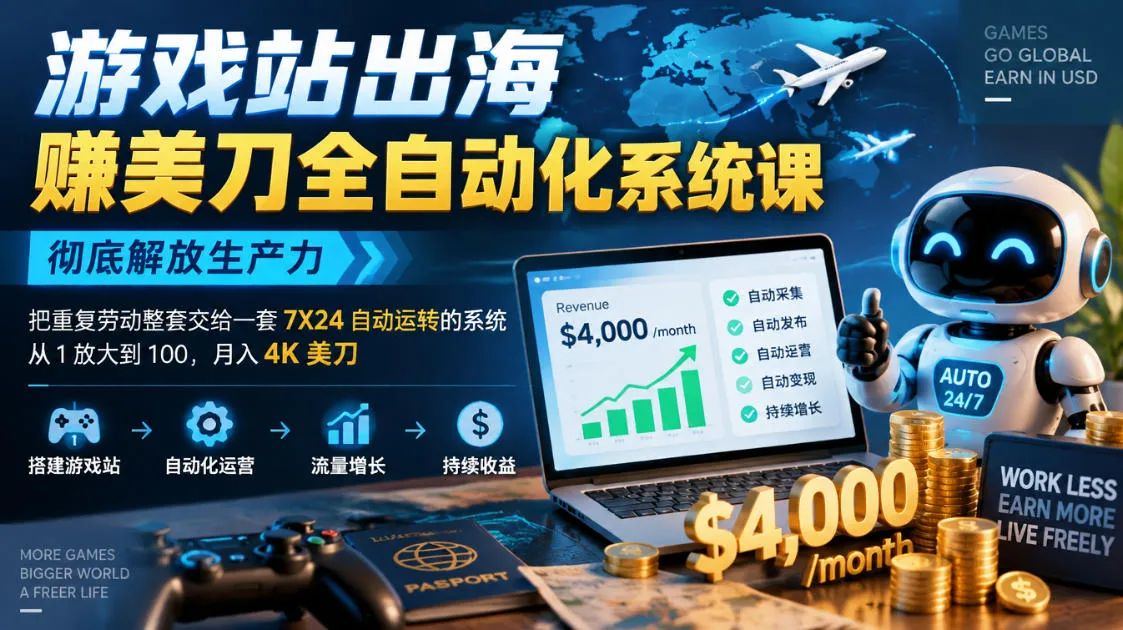 游戏站出海賺美刀全自动化系统课,彻底解放生产力–把重复劳动整套交给一套7X24自动运转的系统,从1放大到100,月入4K美刀-33资源网
