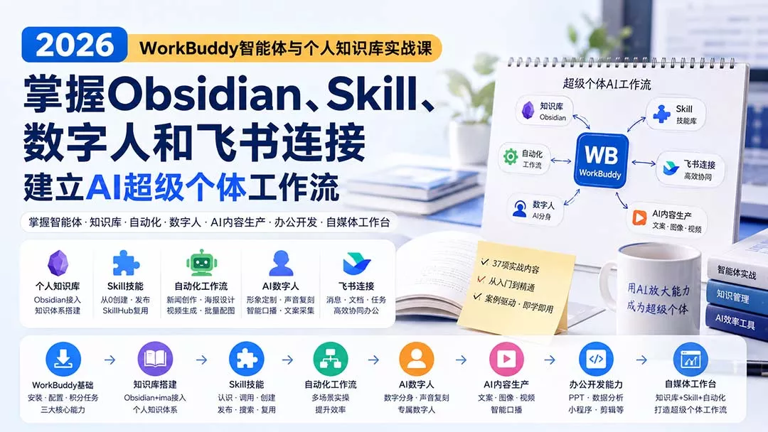 2026 WorkBuddy智能体与个人知识库实战课：掌握Obsidian、Skill、数字人和飞书连接，建立AI超级个体工作流-33资源网