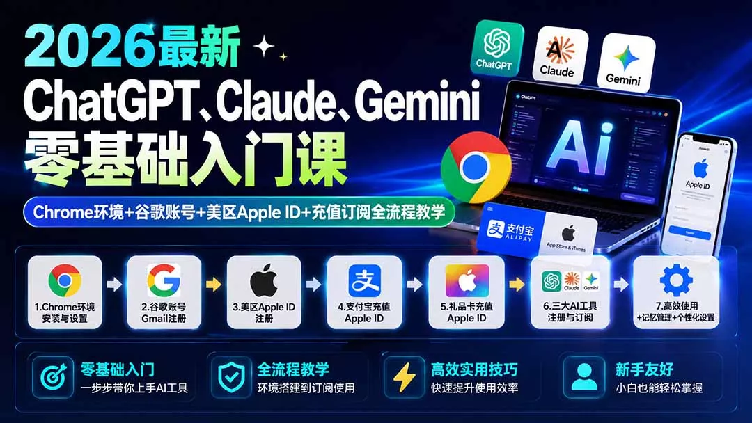 2026最新ChatGPT、Claude、Gemini零基础入门课：Chrome环境+谷歌账号+美区Apple ID+充值订阅全流程教学-33资源网