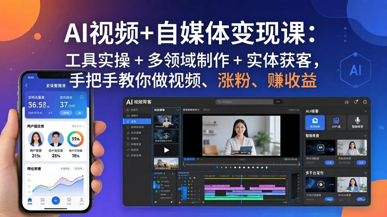 AI视频+自媒体变现课：工具实操 + 多领域制作 + 实体获客，手把手教你做视频、涨粉、赚收益-33资源网