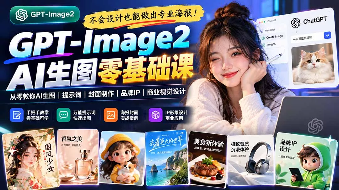 不会设计也能做出专业海报!GPT-Image2从零教你AI生图、提示词、封面制作、品牌IP与商业视觉设计-33资源网