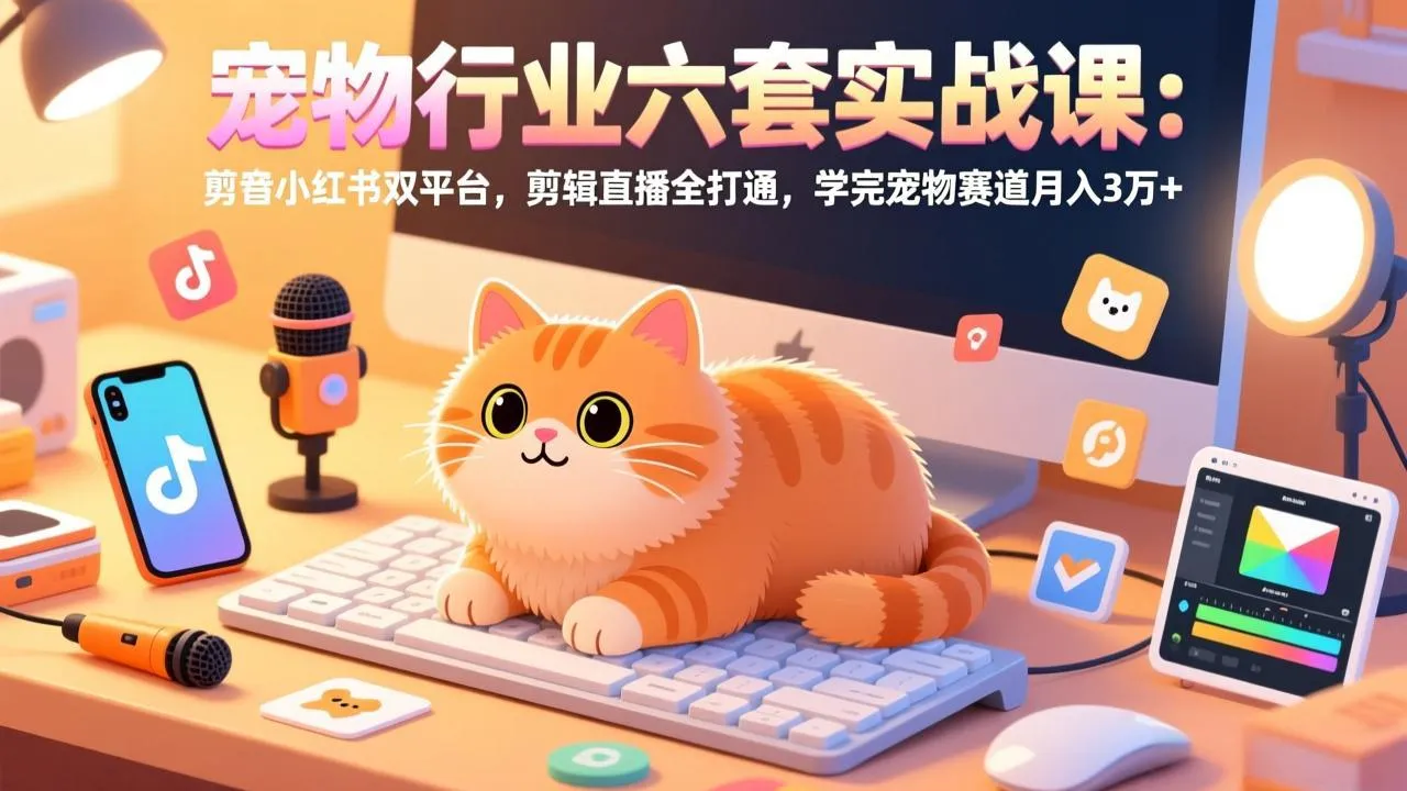 宠物行业六套实战课：抖音小红书双平台，剪辑直播全打通，学完宠物赛道月入3万+-33资源网