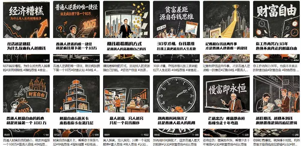 AI书单财富书籍图文解读：手绘黑白风格×一键直出×几十条视频跑1000单×全流程拆解×新手可上手-33资源网
