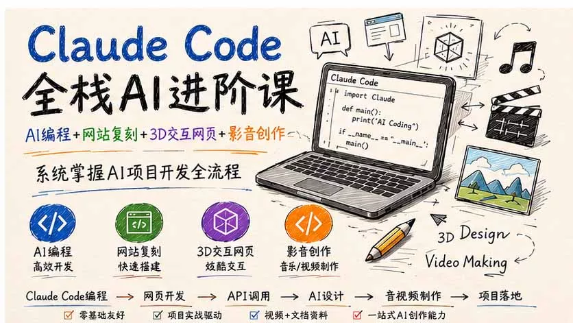 Claude Code全栈AI进阶课；AI编程+网站复刻+3D交互网页+影音创作，系统掌握AI项目开发全流程-33资源网