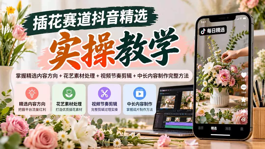 插花赛道抖音精选实操教学:掌握精选内容方向+花艺素材处理+视频节奏剪辑+中长内容制作完整方法-33资源网