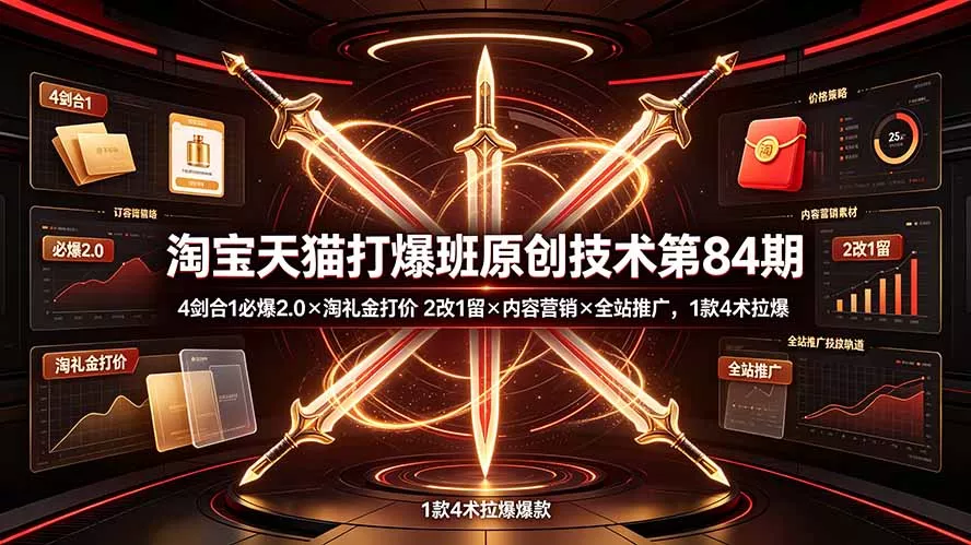 淘宝天猫打爆班原创技术第84期:4剑合1必爆2.0×淘礼金打价×2改1留×内容营销×全站推广,1款4术拉爆-33资源网