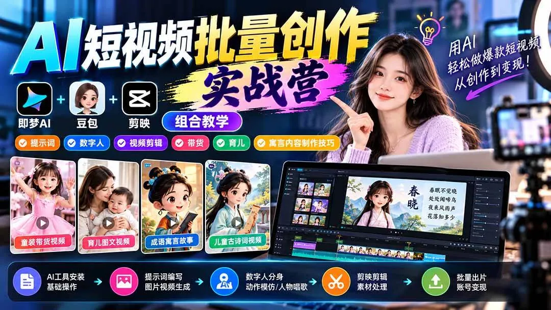 (21039期)【无水印】AI短视频批量创作实战营:即梦+豆包+剪映组合教学,提示词/数字人/视频剪辑/带货/育儿/寓言内容制作技巧-33资源网
