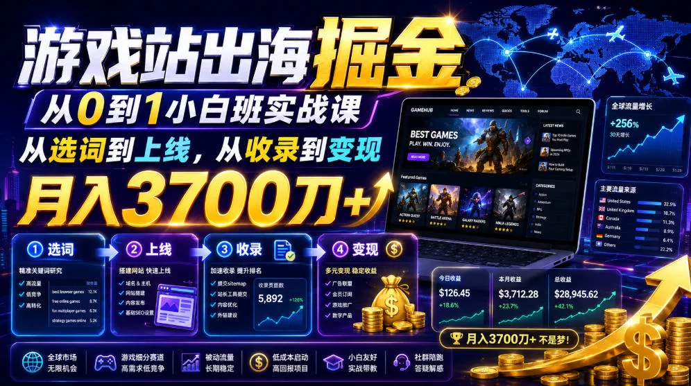 游戏站出海掘金从0到1小白实战课,从选词到上线,从收录到变现,月入3700刀+-33资源网